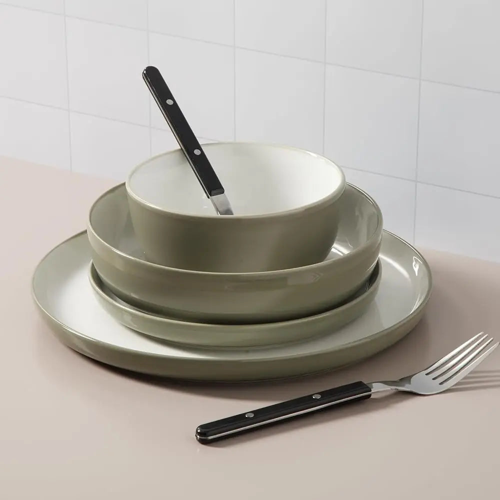 Kitchen Entials 16 Piece Two-Tone Porcelain Chip And Scratch Resistant Dinnerware Plates And Bowls Set - Grey/White