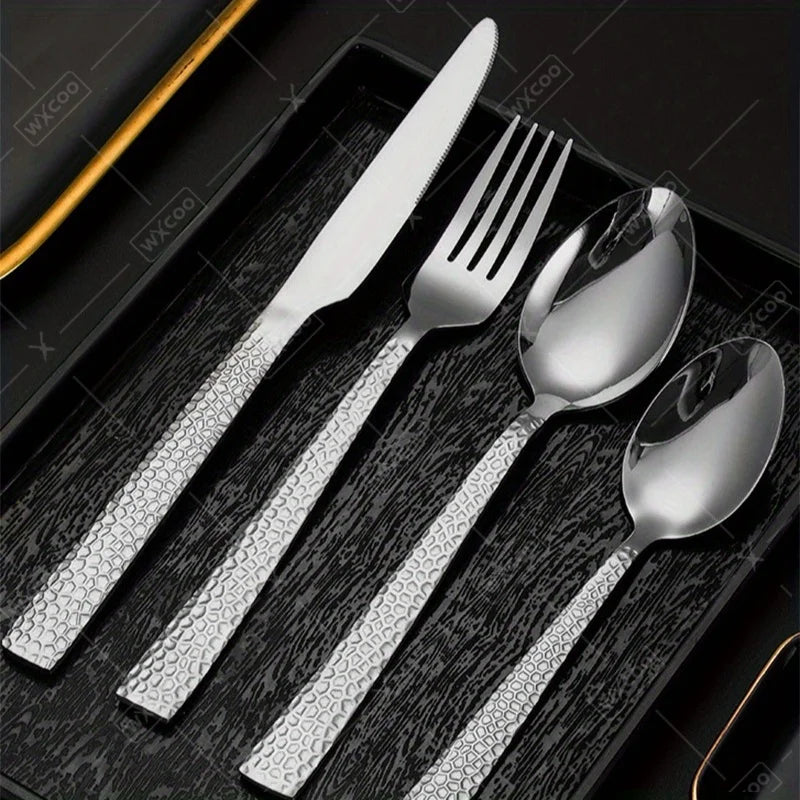 1Set 2Sets 3Sets Stainless Steel Silverware Set Creative Hammered Pattern Tableware Square Handle Flatware Kitchen Cutlery