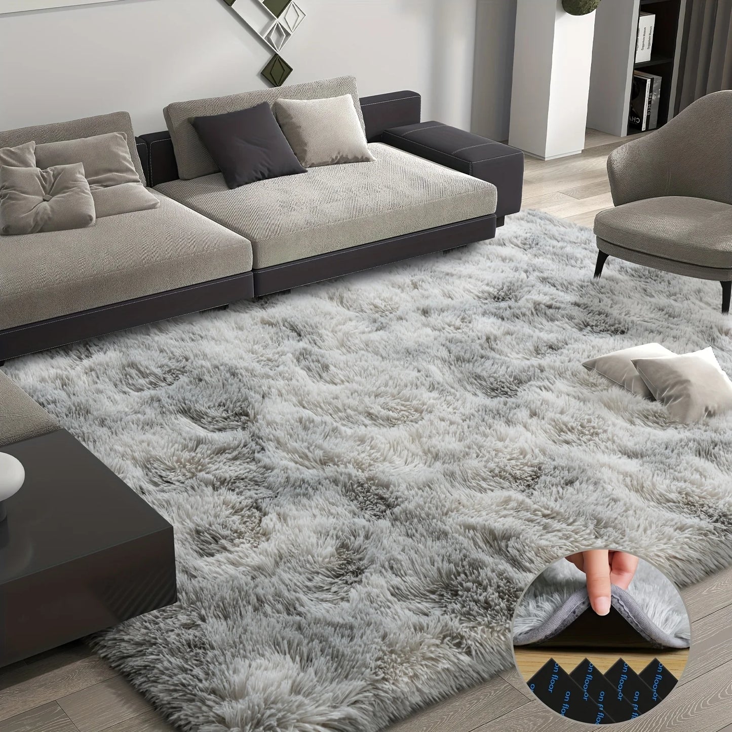Fluffy tie-dyed gray carpet, suitable for living room, bedroom and room carpet, upgraded non-slip home decoration carpet.