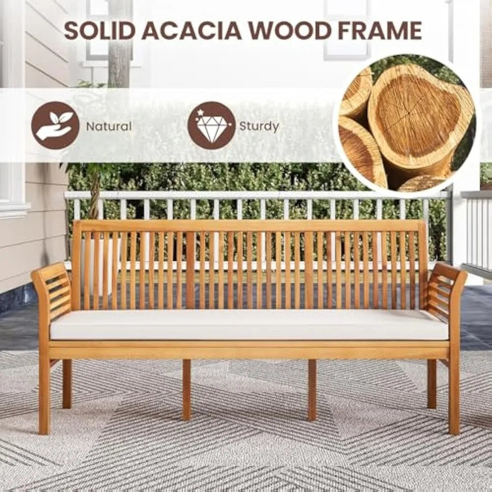 62.5’’ Outdoor Bench Acacia Wood - 3-Person Patio Bench w/Backrest, Armrests & Removable Seat Cushion, Slatted Wooden Garden Be