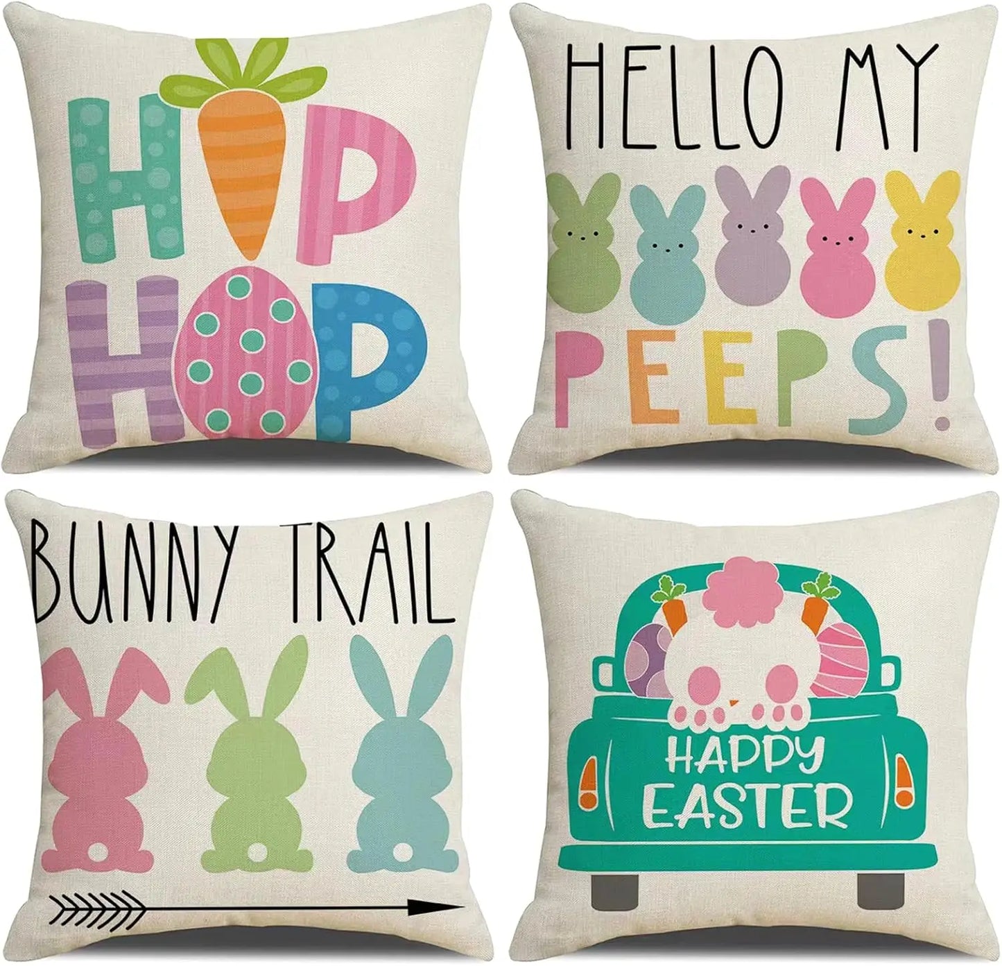 St Patricks Day Decor-Throw Pillow Covers 18x18 in Set of 4,Shamrock Linen Pillow Case with Green Hat Irish Couch Home Indoor