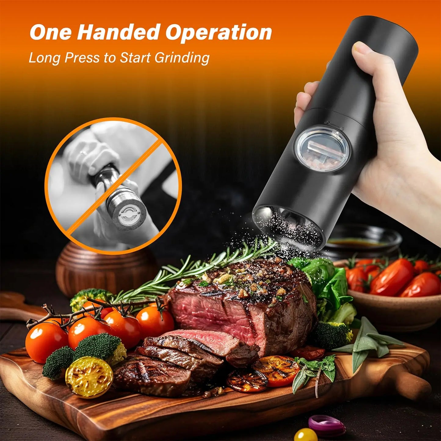 Electric Salt and Pepper Grinder Set, Adjustable Coarseness One Hand Operation, Battery Powered with LED Light and Stand,