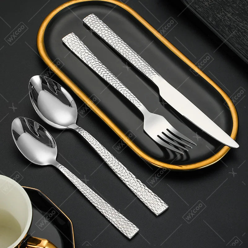1Set 2Sets 3Sets Stainless Steel Silverware Set Creative Hammered Pattern Tableware Square Handle Flatware Kitchen Cutlery