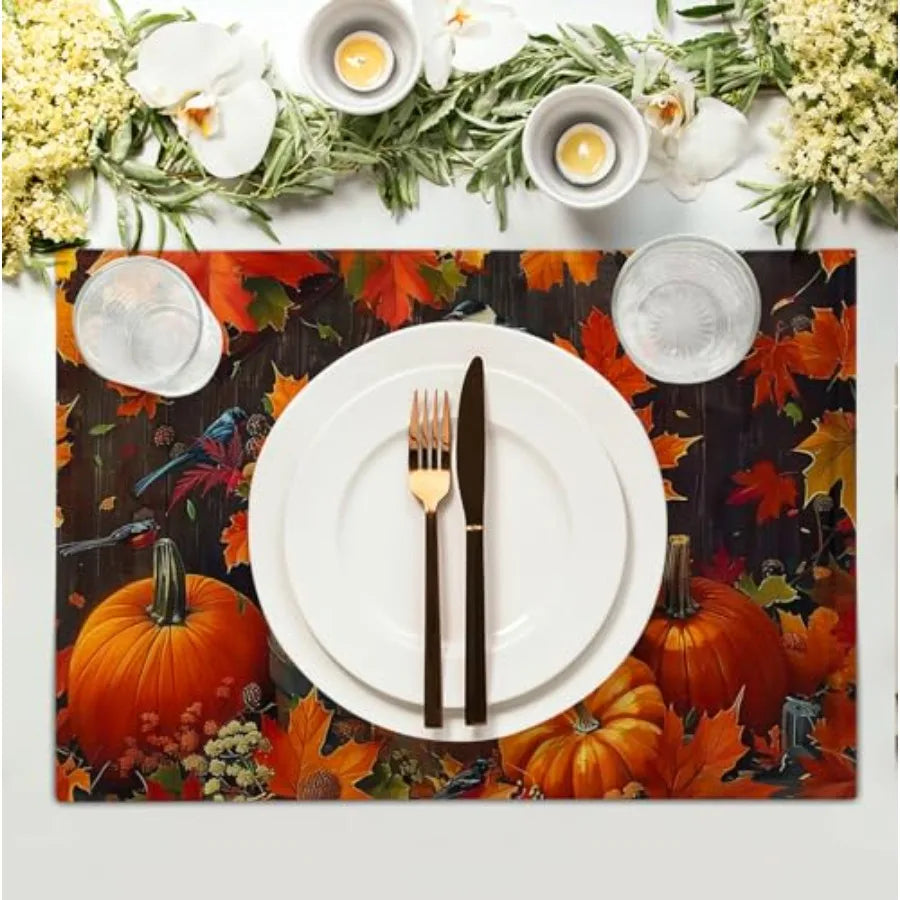 Pumpkin Maple Leaf Bird Fall Placemats Set of 4 Autumn Thanksgiving Seasol Holiday Harvest Linen Table Mats Orange Brown Washab