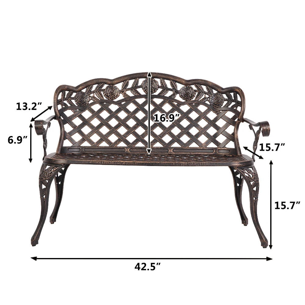40.5" Outdoor Cast Aluminum Bench With Mesh Backrest Seat Surface