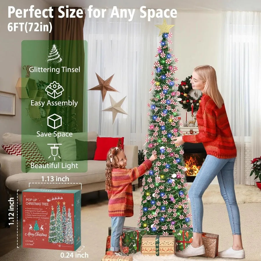 6 FT Pop Up Tinsel Christmas Tree with 100 Colored Timer Lights Remote Control Green Candy Collapsible Artificial Pencil Tree f