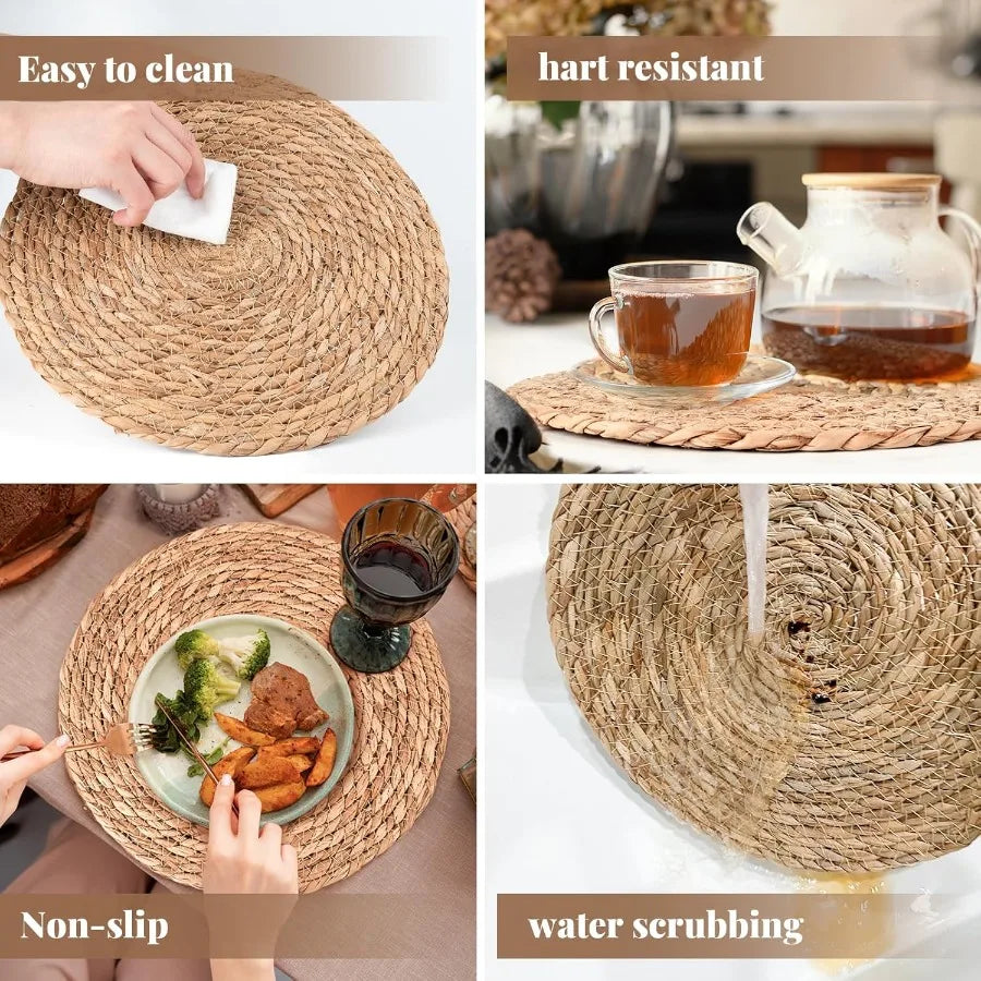 Round Woven Placemats Set of 6 Handmade Natural Wicker Placemats for Holiday Wedding Home Slip Heat Resistant Rattan Chargers f