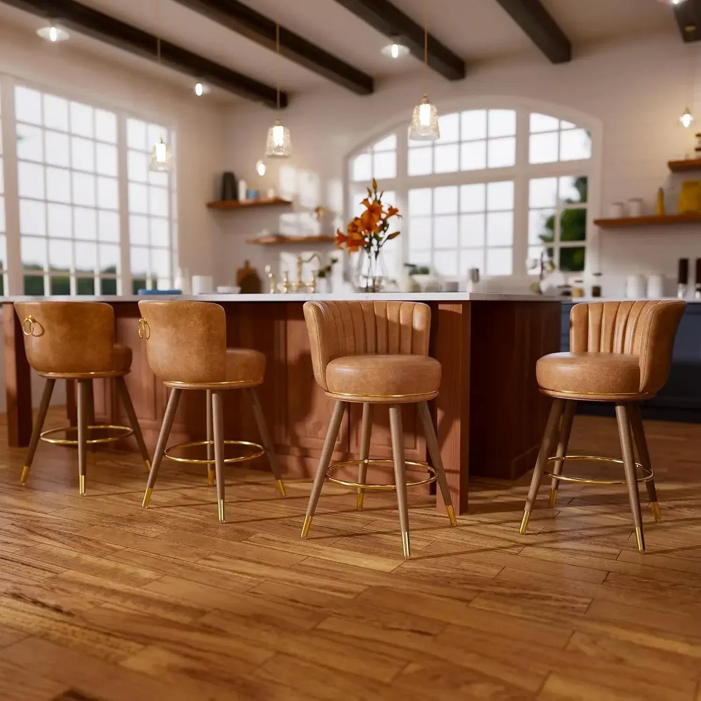 XMSJ.Counter Height Bar Stools Set of 4, Swivel Bar Stools with Back, 24" H Seat Height Upholstered Counter Stools with Wood Leg
