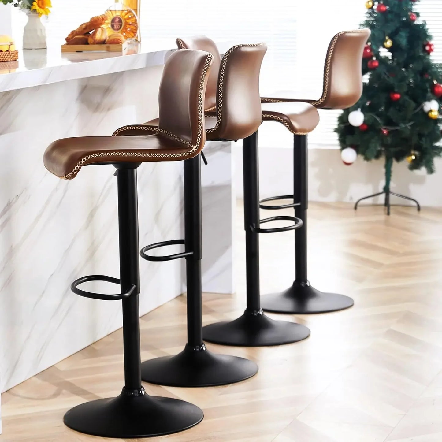 Swivel Bar Stools Set of 4, Counter Height Stools with Back, Adjustable Stools 24" to 32", Brown Faux Leather Bar Chairs