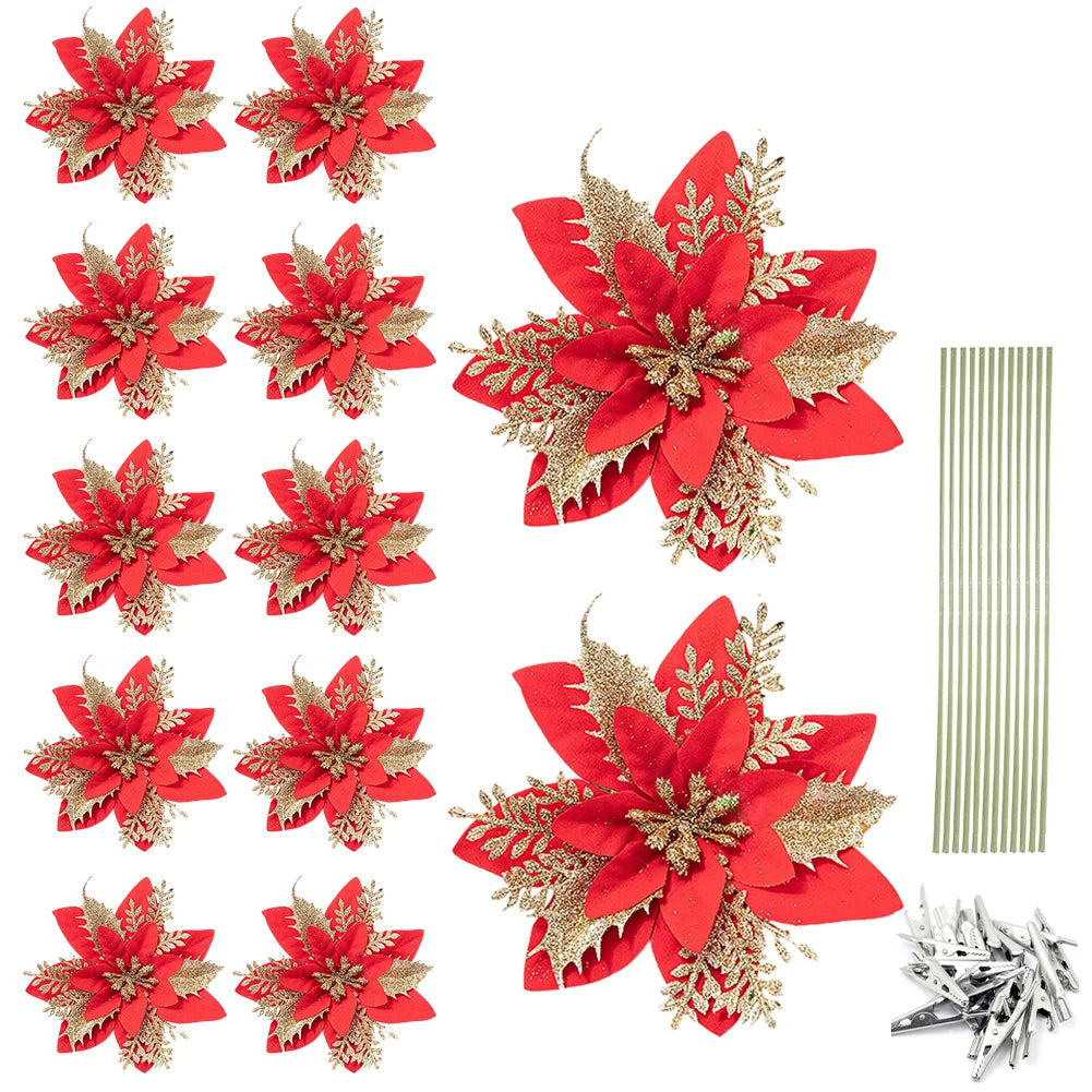 12/24/36Pcs Christmas Glitter Artificial Flowers Decorative Xmas Tree Poinsettia Flower Hanging Ornament for Stairs Window Decor