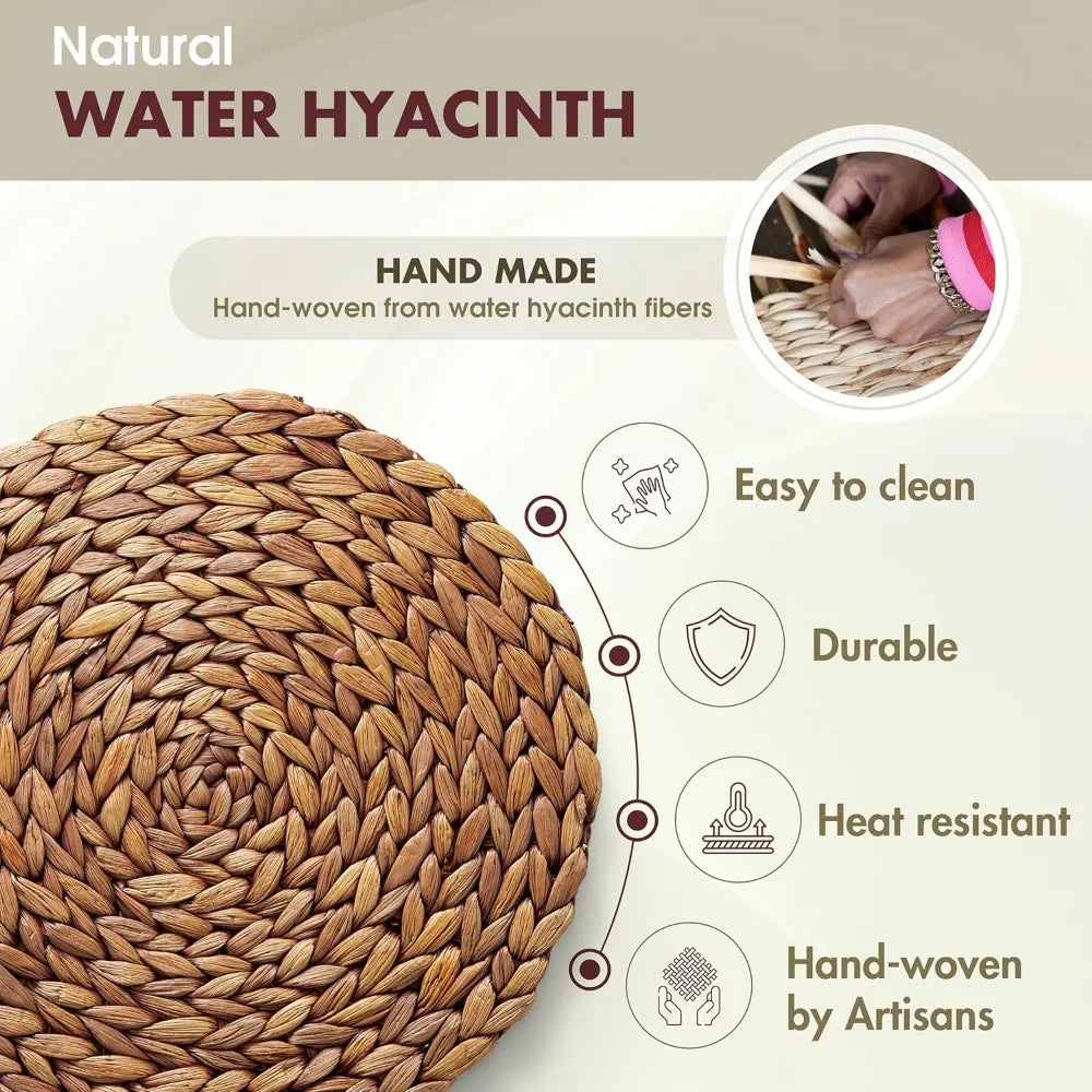 (Sizes:11.8"-13.5''-15") Round Woven Placemats, 13.5'' Natural Wicker Straw Mats (Pack of 10), Hand-Braided Non-Slip & Heat Res