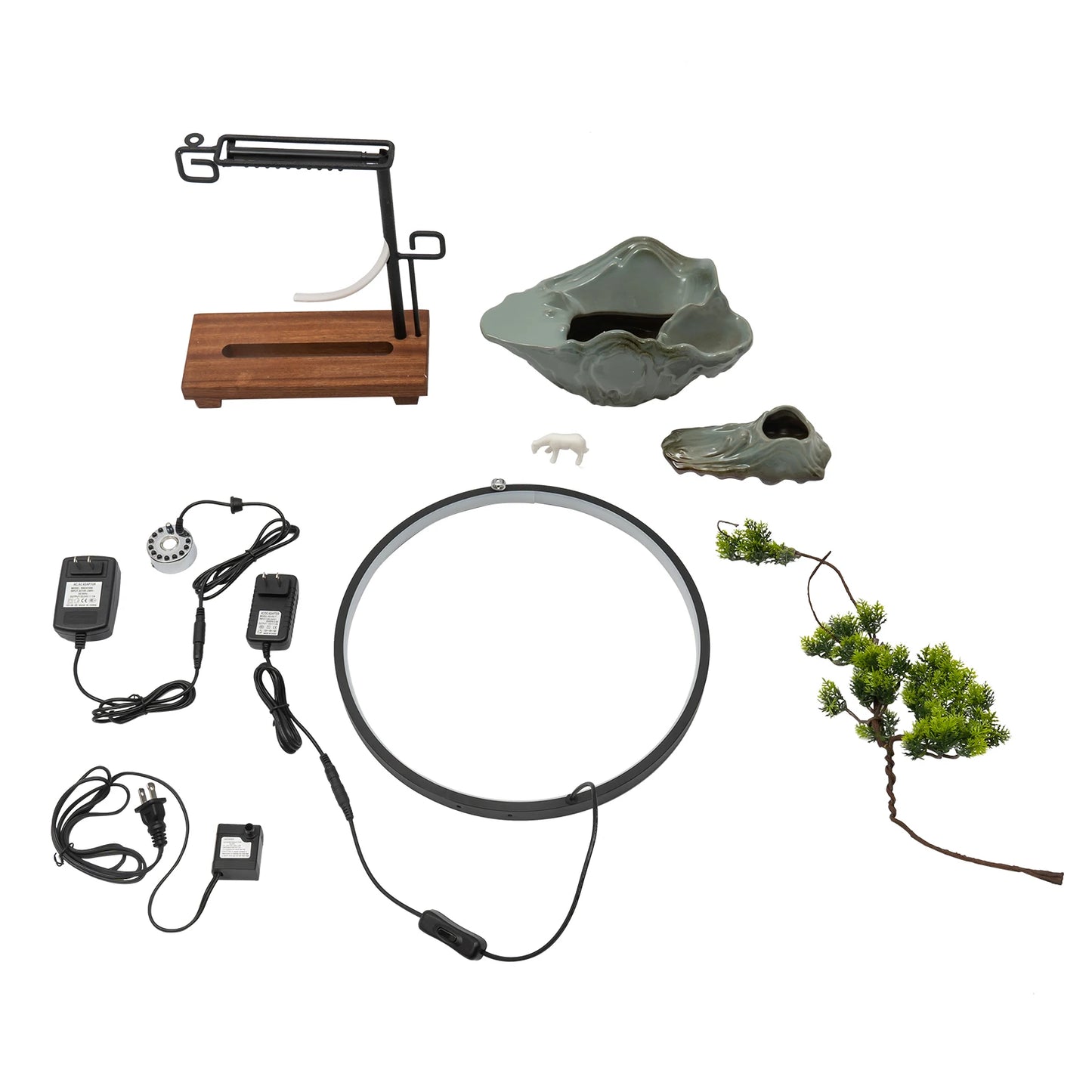 Multi-functional Tabletop Fountain with LED Light, Ceramic, Wooden Base, Pressure Relieving, Perfect for Meditation & Relaxation