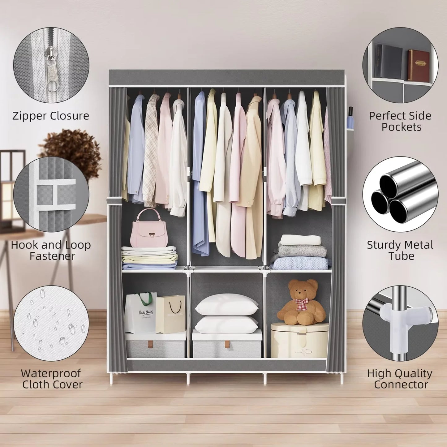Space saving portable closet organizer, adjustable small space storage rack, easy to assemble, durable and versatile
