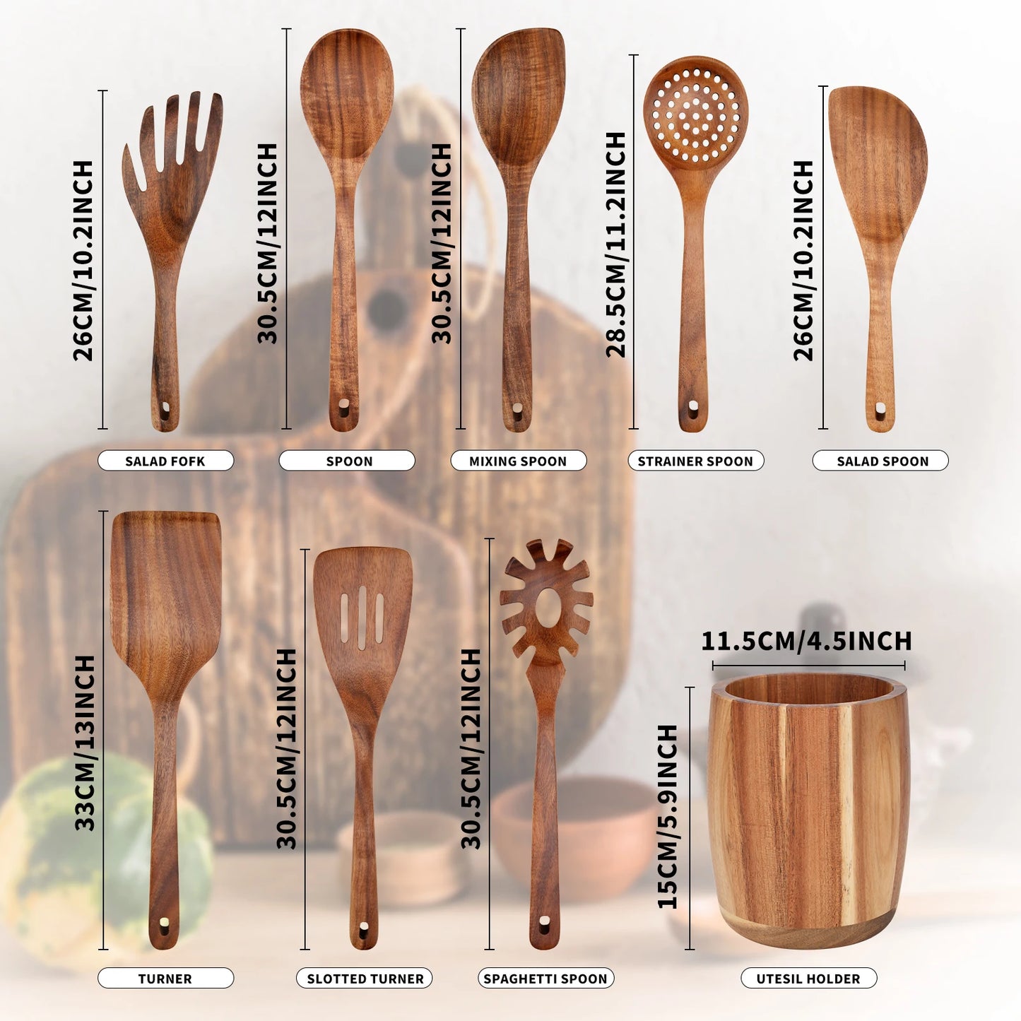 9PCS Kitchen Utensils Set - Wooden Spoons for Cooking- Wooden Spoons, Spatula Set, Slotted Spoon - Handmade Wooden Spoon Set