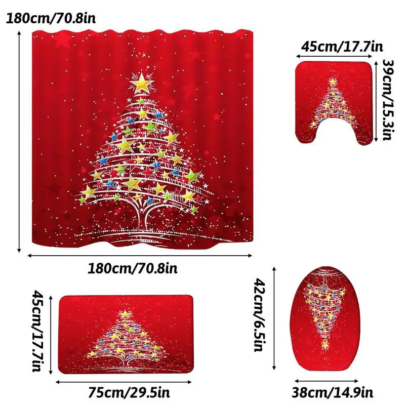 Christmas Shower Curtains Set Waterproof Bathroom Toilet Lid Cover Set Creative Shower Drapes Non-Slip Bath Mat For Home