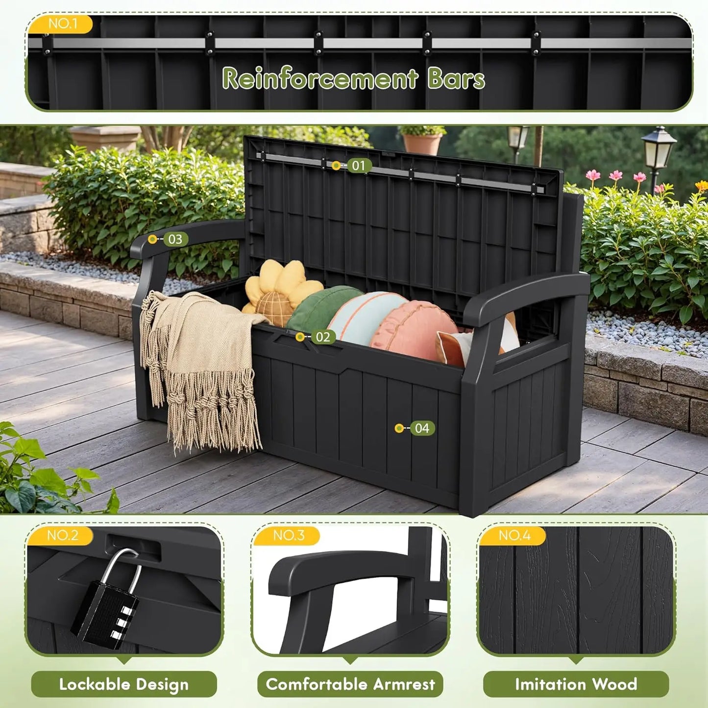 80 Gallon Storage Bench Outdoor Deck Box with Armrest, Patio Furniture,Lockable, Waterproof and UV Resistant