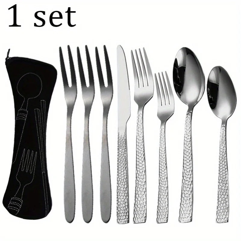 1Set 2Sets 3Sets Stainless Steel Silverware Set Creative Hammered Pattern Tableware Square Handle Flatware Kitchen Cutlery