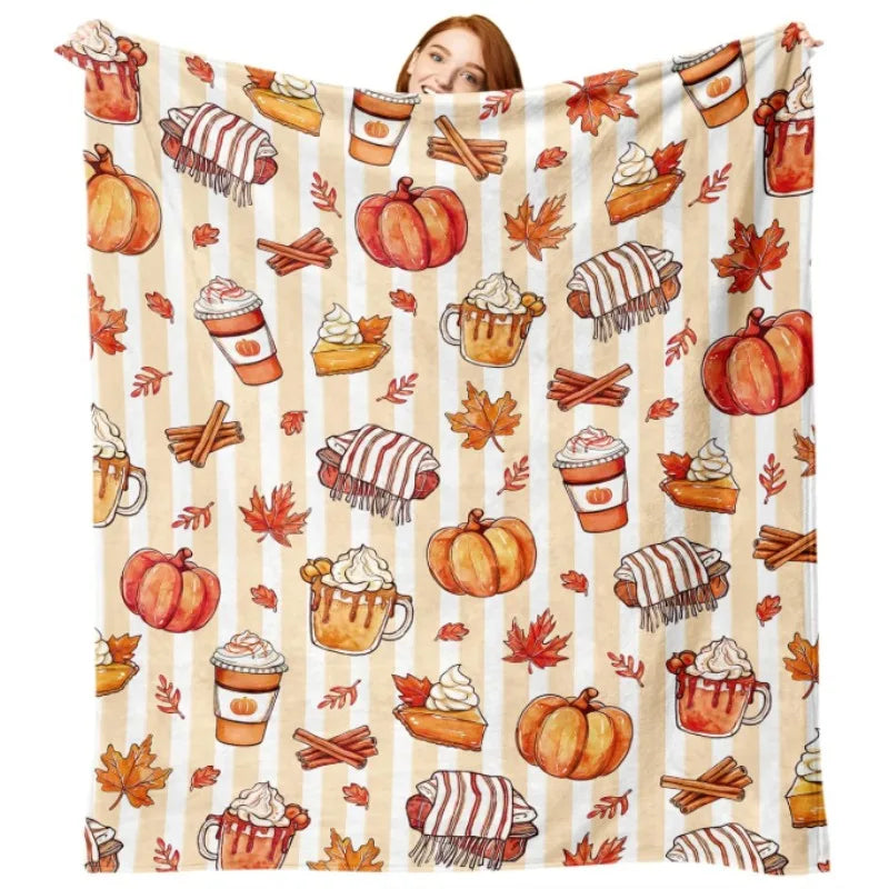 Autumn Pumpkin Dessert Coffee Scarf Flannel Throw Blanket, Autumn Thanksgiving Birthday Gift, Suitable for Bedding Sofa