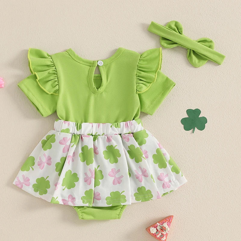 St Patrick s Day Baby Girl Outfit Shamrock Print Romper Dress with Bow Headband and Ruffled Skirt Hem Infant