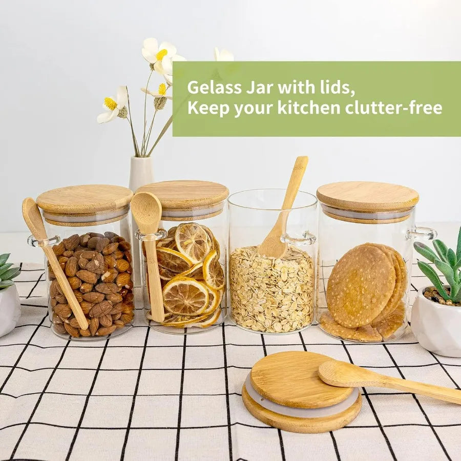 Airtight Food Storage Containers Glass Canister With Wooden Spoon and Lids 20 Oz Jars for Serving Bath Salt Sugar Spice Coffee