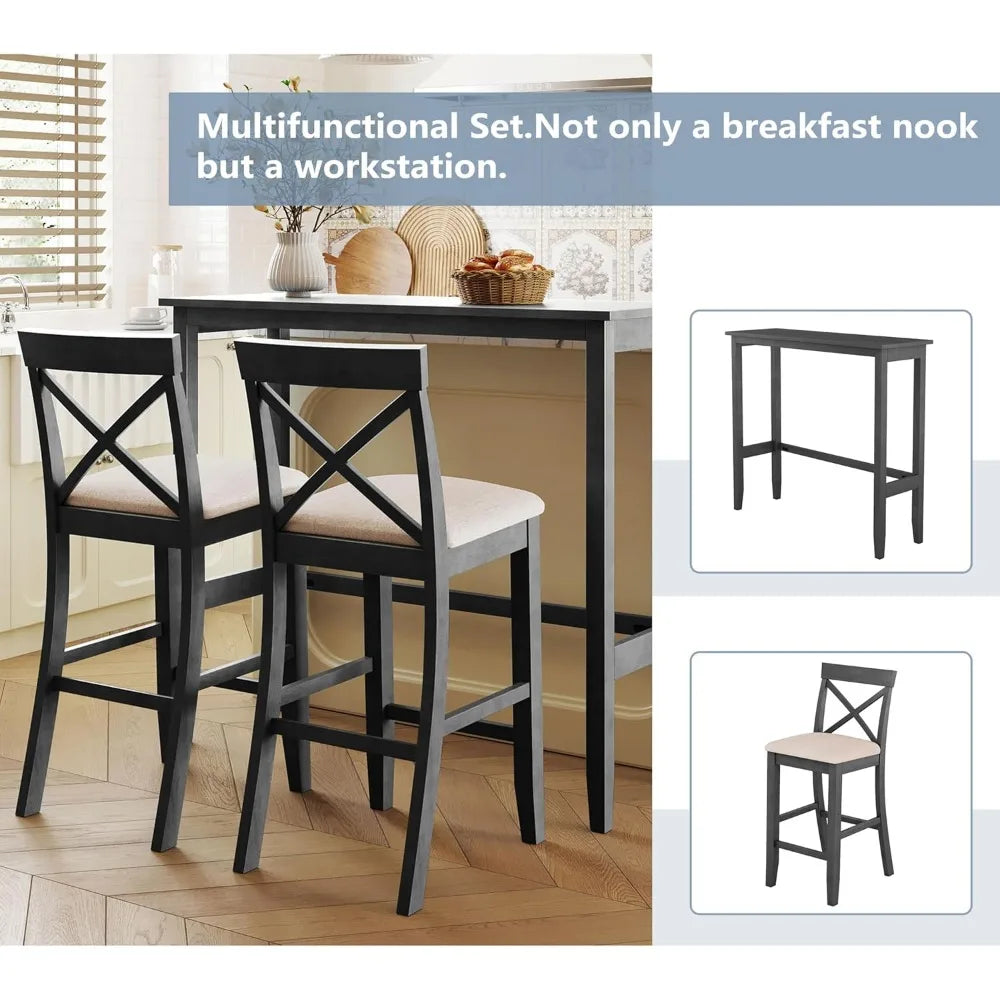 3 Piece Dining Bar Table Set, Counter Height Bar Table and Chair Set Farmhouse Kitchen Table Set with 2 Upholstered Chairs for K