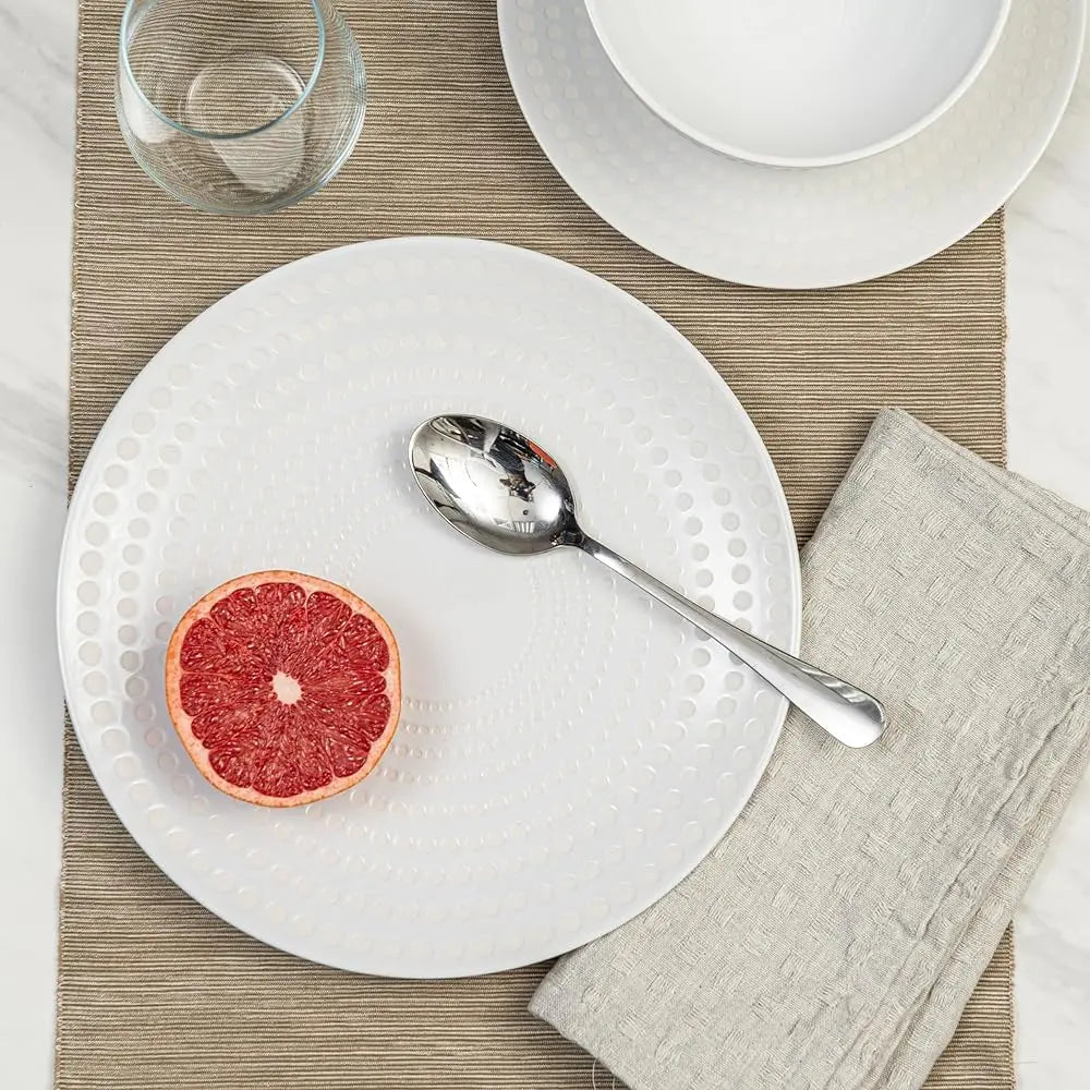 Ceramic Dinnerware Set Serive For 4 (12 Pieces), Stoneware Plates And Bowls For Dining Pearl White Dishes Set With Dotdot