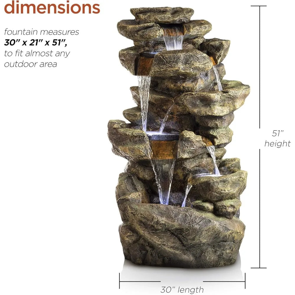 51 inch outdoor 6-story fountain with LED lights and natural stone appearance, suitable for gardens, rock waterfall fountains