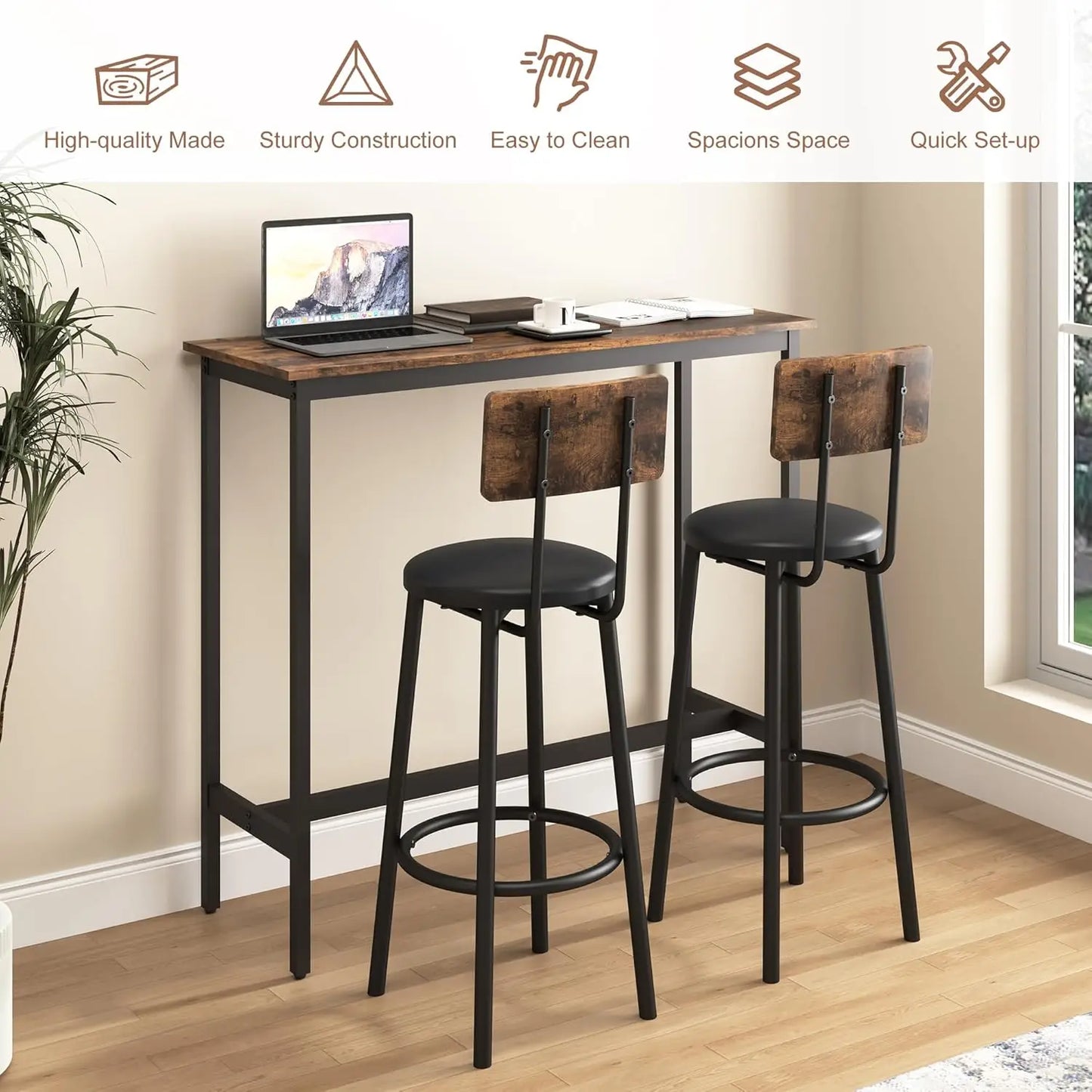 Bar Table and Chairs Set, Counter Height Dining Table & 2 PU Upholstered Stools with Backrest, Industrial 3 Piece Breakfast Bar
