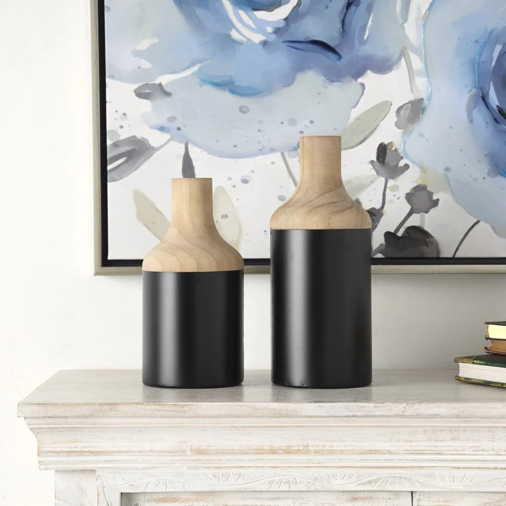 Wooden Vase Set 2 Modern Farmhouse Decorative Cylinder Vases Home Decor Indoor Flower Arrangements Rustic Accent Pieces