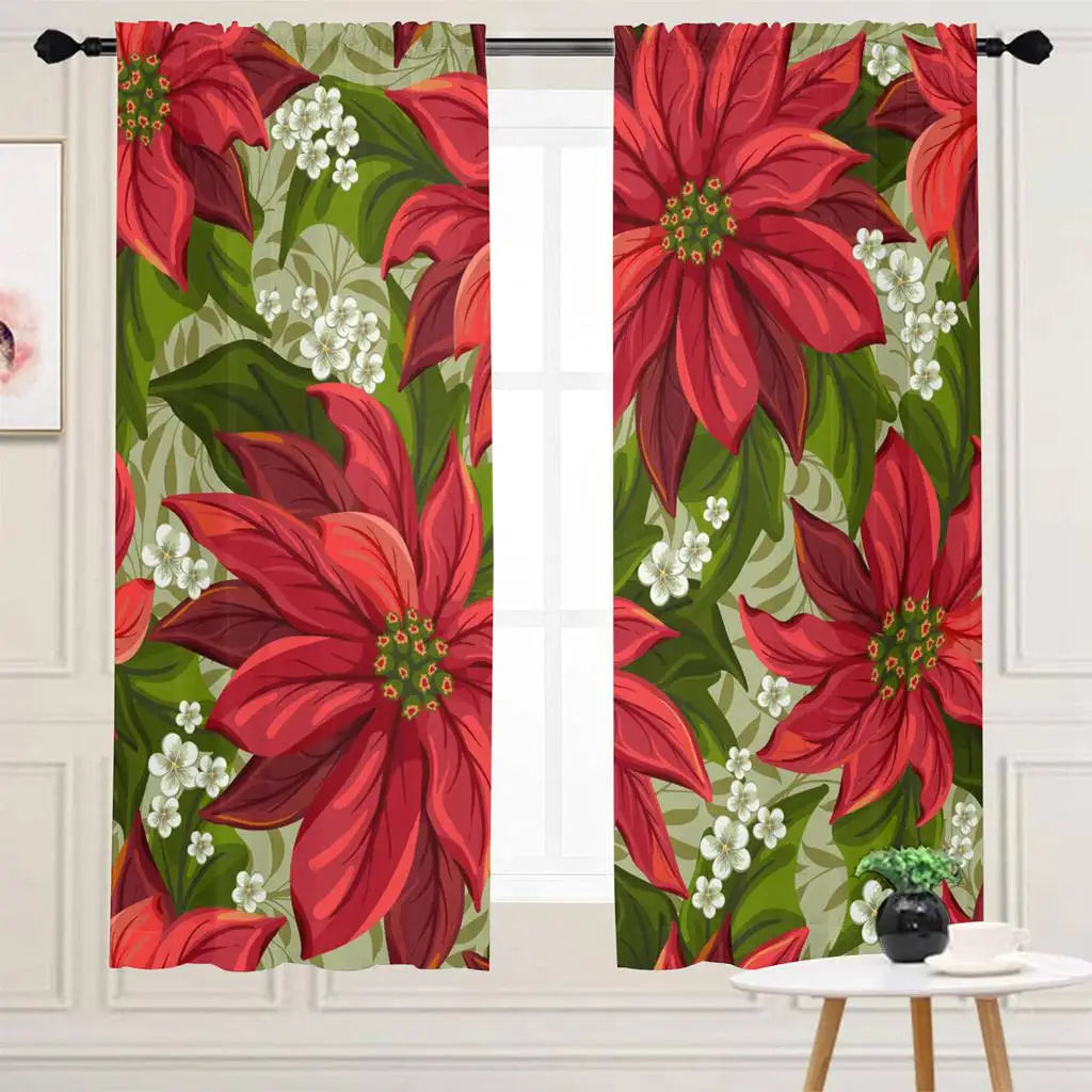 7-Day Delivery Christmas Curtain Red Christmas Wonderful Poinsettia Flower Victorian Pointsetta Rod Pocket Drapes 2 Panels