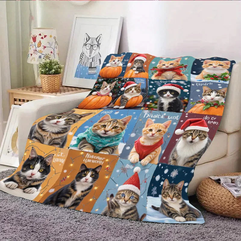 Flannel Blanket-Soft Lightweight All-season Cute Cats in Christmas Hats Soft Baby Blanket for Cozy Nights