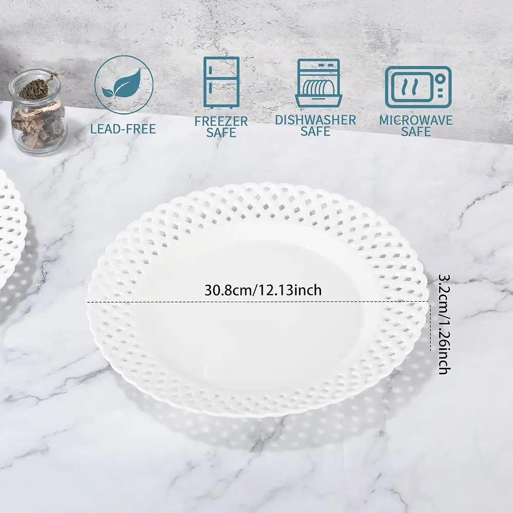 Large White Dinner Plates 12 H, Ceramic Dinner Plates Set Of 4, Basketweave Wide Rim Stackable Hotel Value Round Coupe Shape