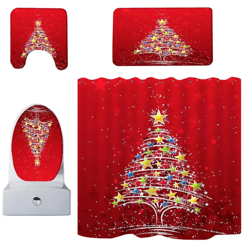 Christmas Shower Curtains Set Waterproof Bathroom Toilet Lid Cover Set Creative Shower Drapes Non-Slip Bath Mat For Home