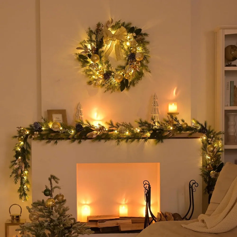 9 Feet Long Pre-lit Artificial Greenery Christmas Garland with Pinecone and Gold Accents, Festive Holiday Decorations