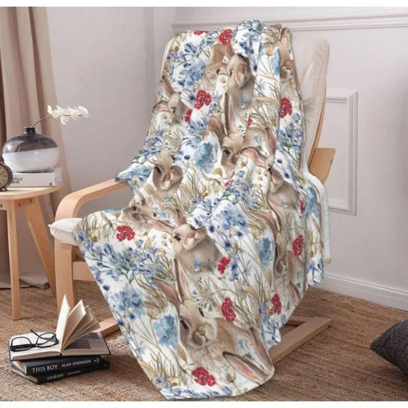 Easter bunny blue flower blanket, soft,comfortable,warm and lightweight blanket, suitable for all seasons spring home decoration
