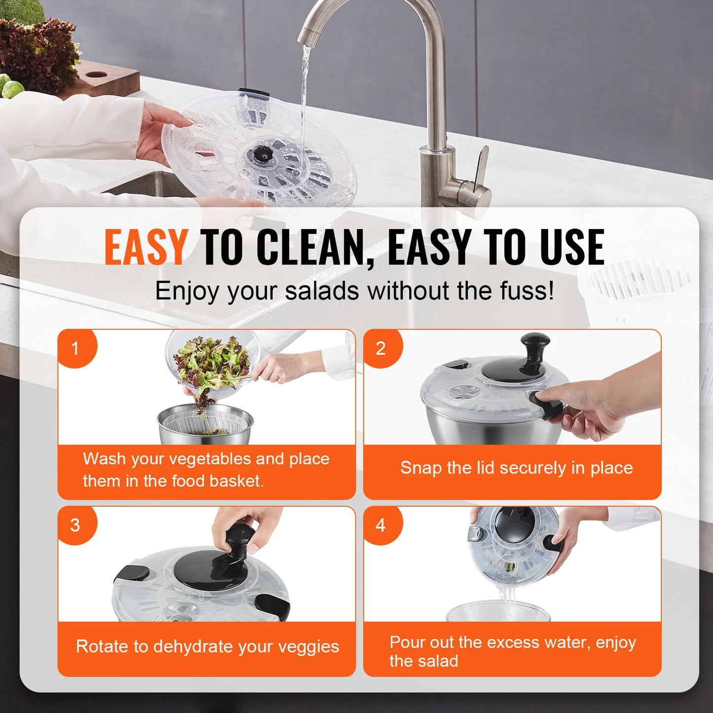 VEVOR Stainless Steel Salad Spinner 4.75Qt One-handed Easy Press Large Vegetable Dryer Washer for Greens Herbs Berries Fruits