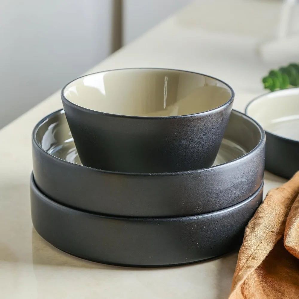 24-piece Modern Dinnerware Set, Plates And Bowl Sets For 8, Beige And Black,Dinnerware Set