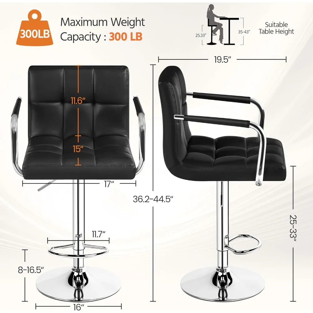 Bar Stools Set of 2, PU Leather Adjustable Swivel Barstools, Hydraulic Kitchen Counter Height Bar Chairs w/Armrest and Back