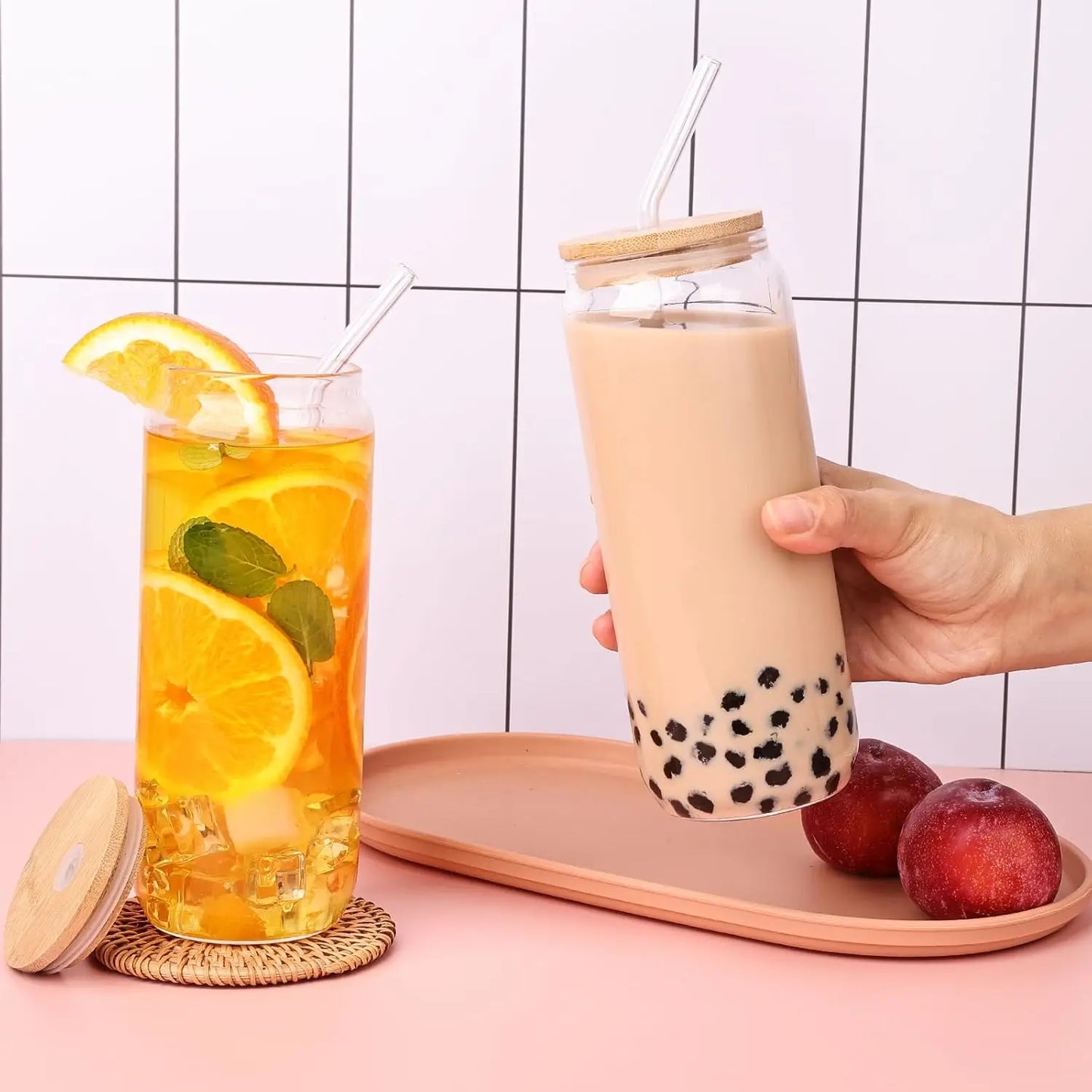 4Pcs 18.6Oz/550Ml Drinking Glasses with Bamboo Lids and Glass Straws, Glass Cups, Iced Coffee Glasses, Cute Iced Tea Glasses, Beer Glasses