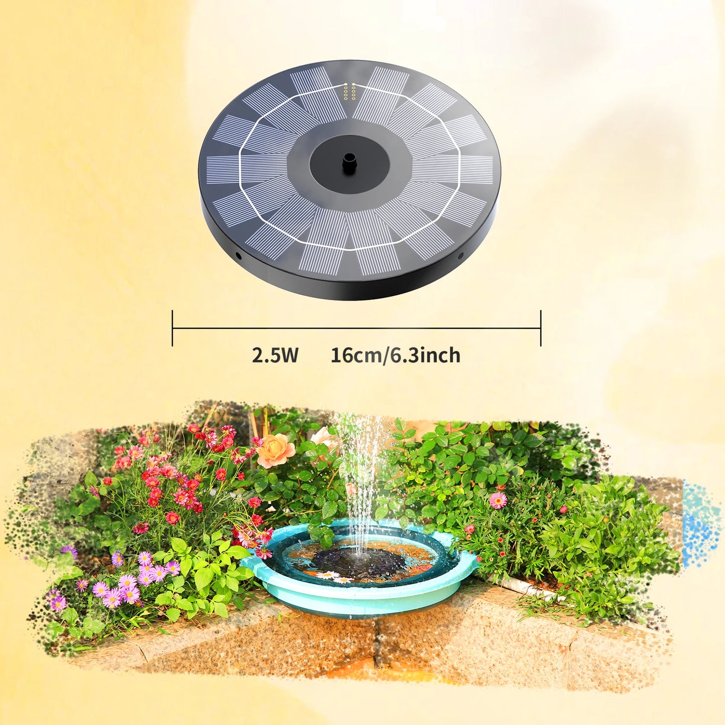1.5w/2.5w/3.5w Solar Bird Bath Fountain Pump,with 6 Nozzles Solar Powered Water Fountain for Garden Pool, Aquarium and Outdoor
