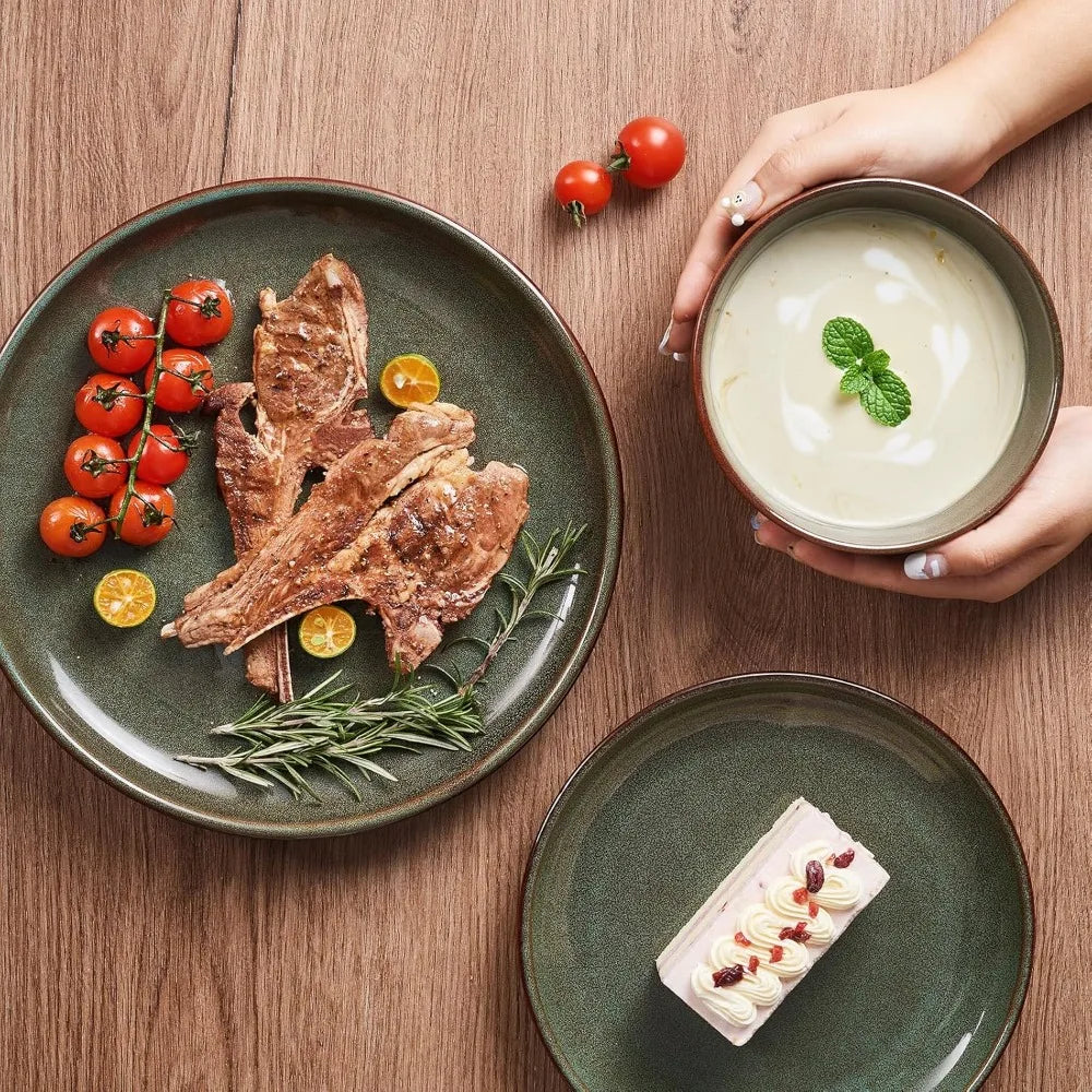 Stoneware Dinnerware Sets Service for 4, 12 pcs Reactive Glaze Plates and Bowls Sets, Handmade Ceramic Dish Set, Highly Chip and