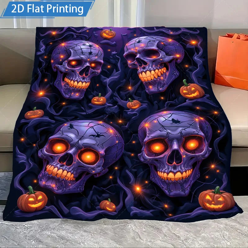 1pc Flannel Blanket Halloween Skull Pumpkin Blanket - Spooky Gothic Style Cozy Throw