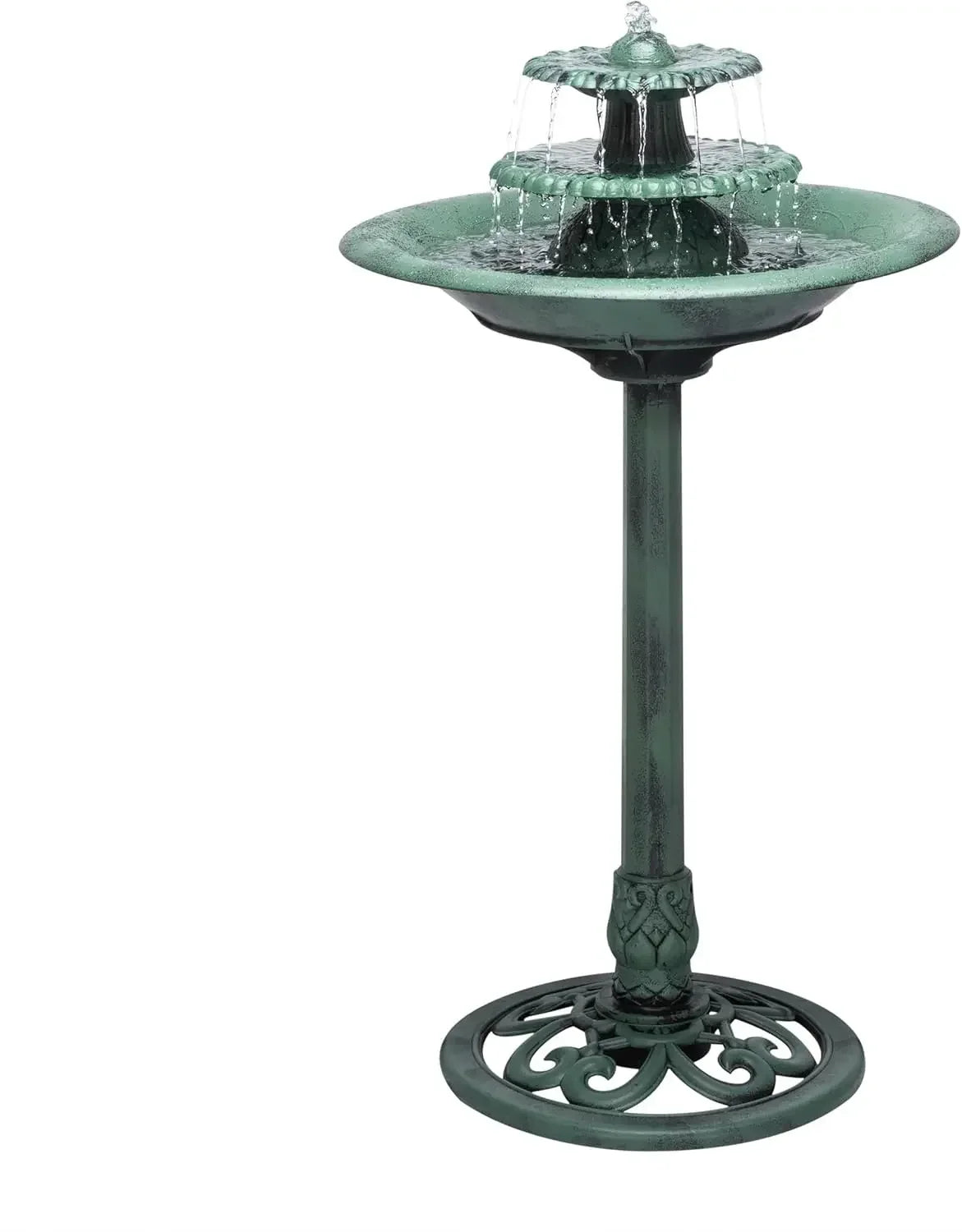 TEC106 Outdoor Floor 3-Tiered Pedestal Water Fountain and Birdbath, Pedestal Waterfall Fountain, 35", Green
