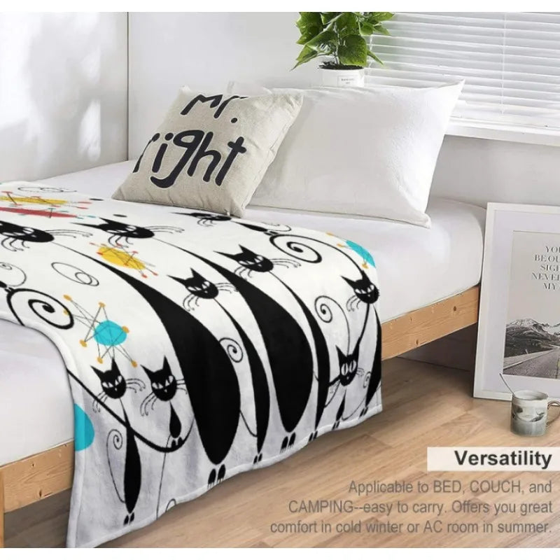 Mid-Century Modern Throw Blanket, Atomic Black Cat Starburst Iconic Satellite Retro Abstract Geometric Throw Blanket