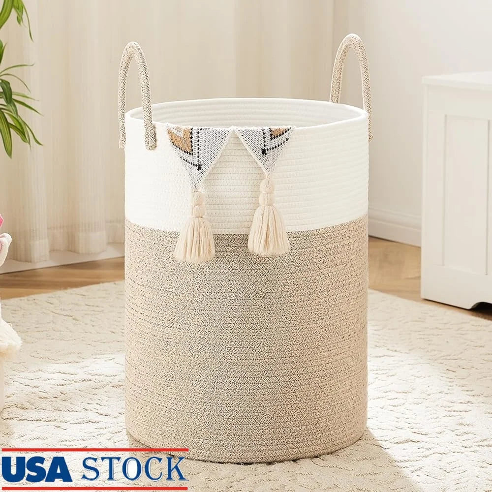 Woven Cotton Rope Laundry Basket Storage Hamper Dirty Clothes Toys Blankets Ideal Bathroom Baby Room Easy to Clean Collapsible