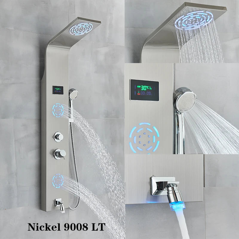 ALENARTWATER Bathroom Shower Panel LED Waterfall Shower Water Top Spray Temperature Display Faucet Back Massage with Water Tap