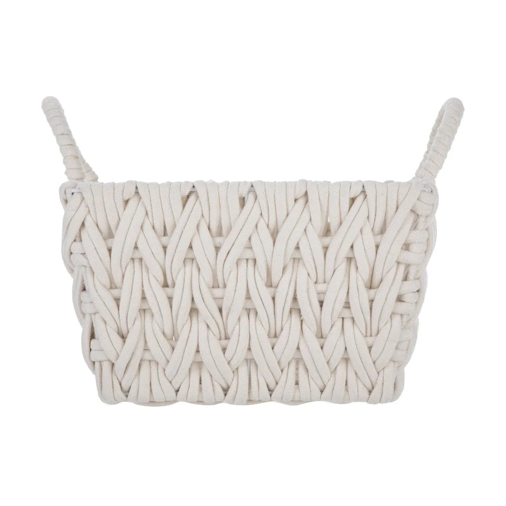 Medium White Woven Rope Decorative Storage Basket Handwoven Storage Organizer Loop Handles Bohemian Home Decor Basketweave