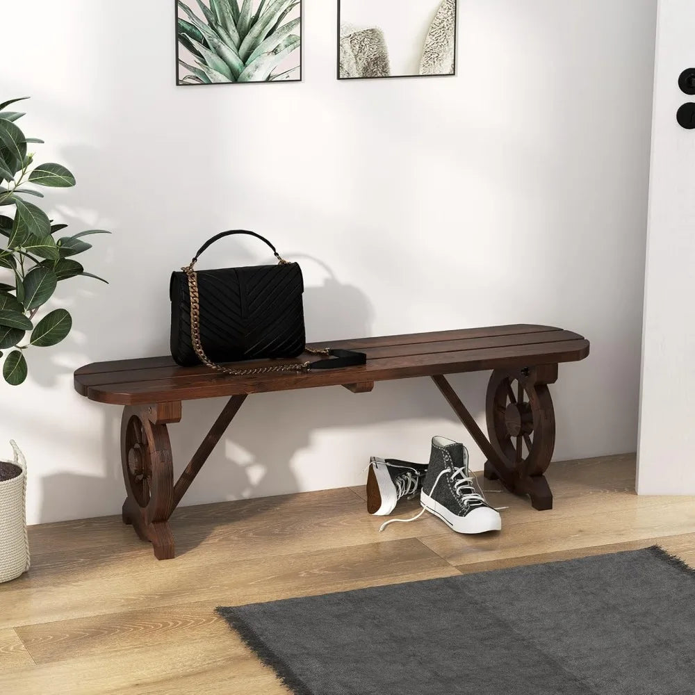 2-Person Wooden Outdoor Bench with Wagon Wheel Legs, Slatted Seat, Rustic Country Design, 710 Lbs Weight Capacity, Patio Bench