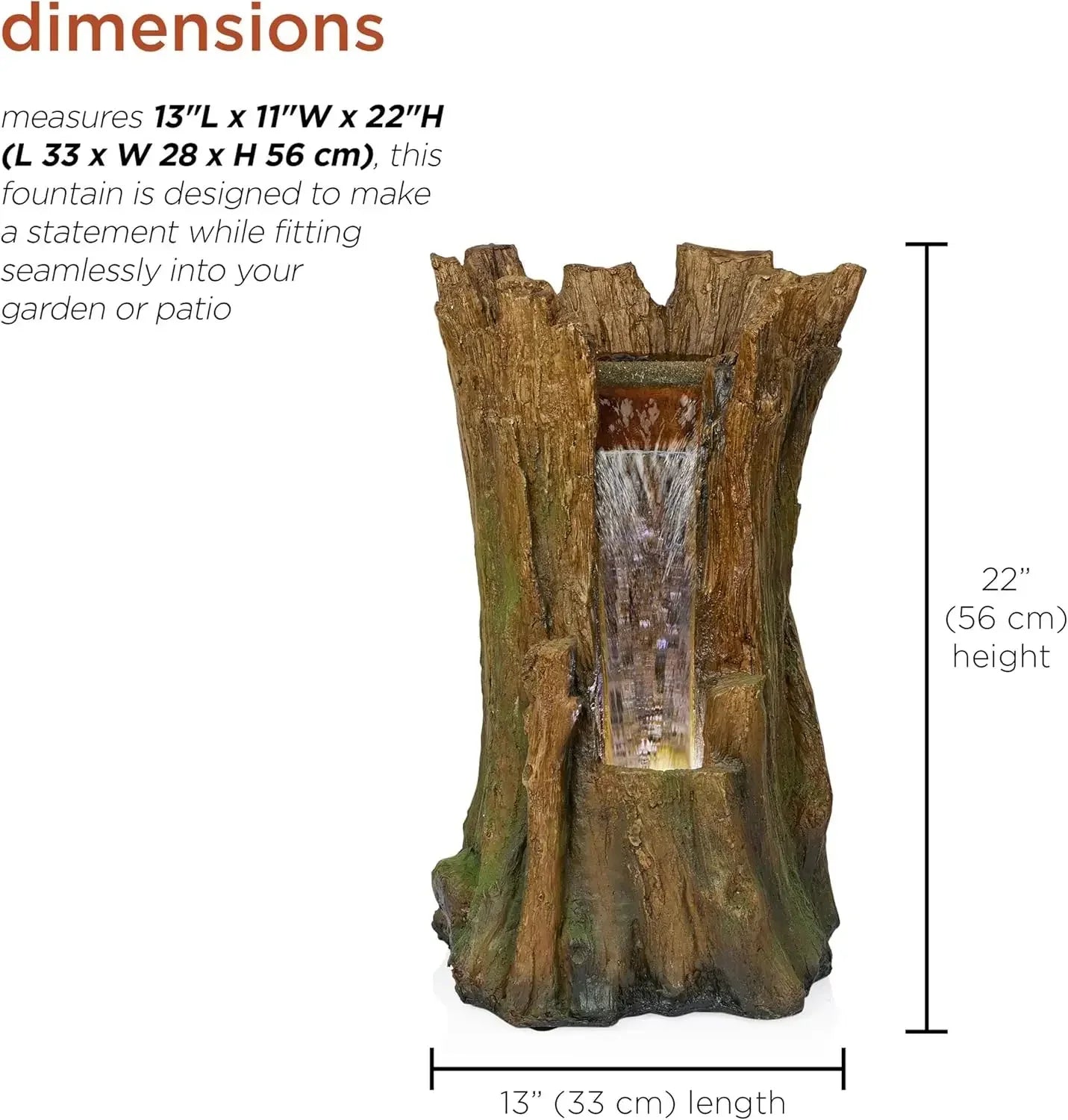 XMSJ.TZL294 Tree Trunk Fountain w/Cool White LED Lights, Waterfall for Garden, Patio, & Lawn, 22" H, Brown