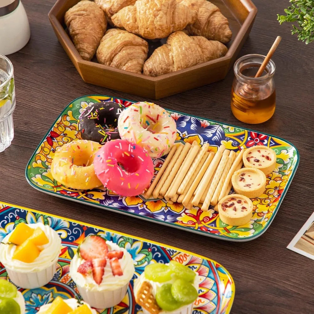 Rectangular Serving Platters Set, 3-Piece, Sizes 16", 14", 12" - Large Bohemian Ceramic Dishes